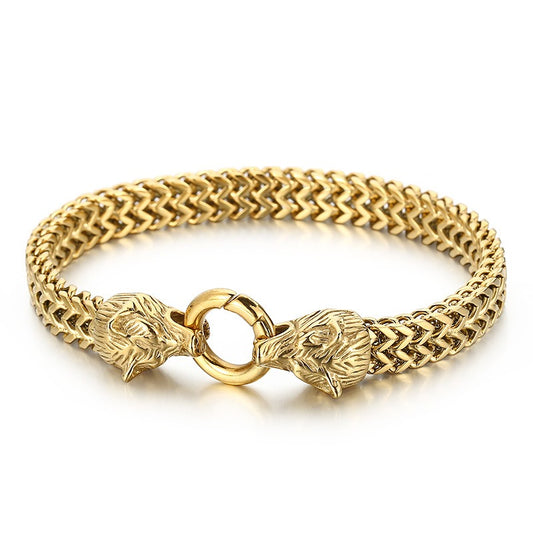 Kemstone Double Wolf Head Bracelet – Titanium Steel Braided Chain Hip Hop Style for Men KB151774-KFC