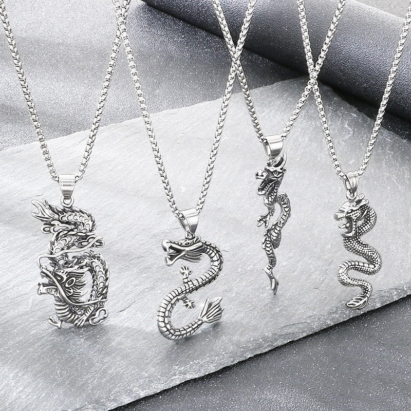 Kemstone Dragon Pendant Necklace for Men Titanium Steel Vintage Oxidized Silver Animal Chain KP117731-LU