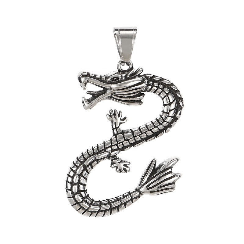 Kemstone Dragon Pendant Necklace for Men Titanium Steel Vintage Oxidized Silver Animal Chain KP117731-LU