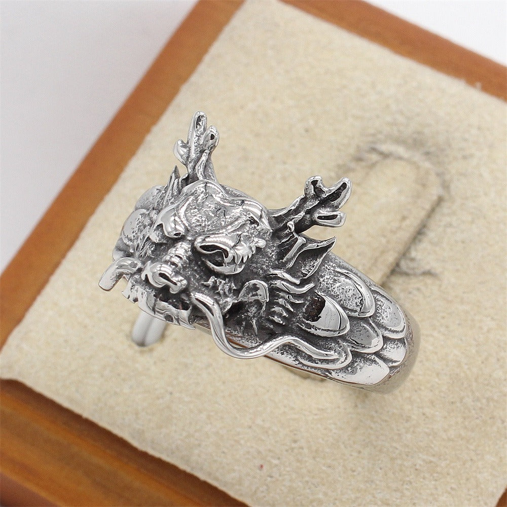 Kemstone Vintage Dragon Head Ring Titanium Steel Textured Band for Men R1871