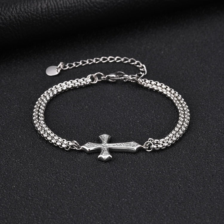 Kemstone Dual Chain Cross Bracelet for Men Stainless Steel Minimal Hip Hop Layered Wristwear BR3122