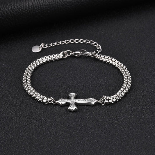 Kemstone Stainless Steel Dual Chain Cross Center Bracelet for Men Minimal Hip Hop Layered Wristwear BR3122