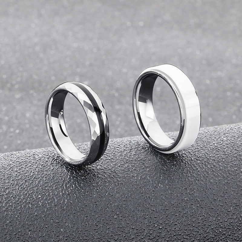 Kemstone Tungsten Steel Ring for Men & Women – Ceramic Inlay / Faceted Black Enamel Band 6mm 7mm KR114248-TS