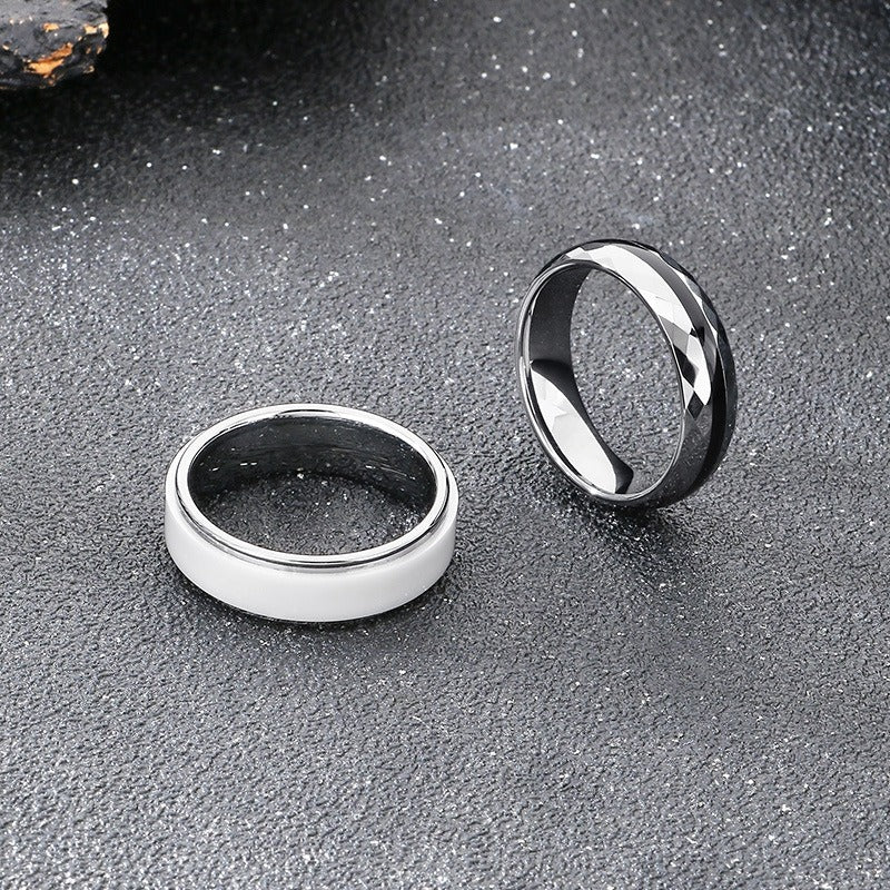 Kemstone Tungsten Steel Ring for Men & Women – Ceramic Inlay / Faceted Black Enamel Band 6mm 7mm KR114248-TS