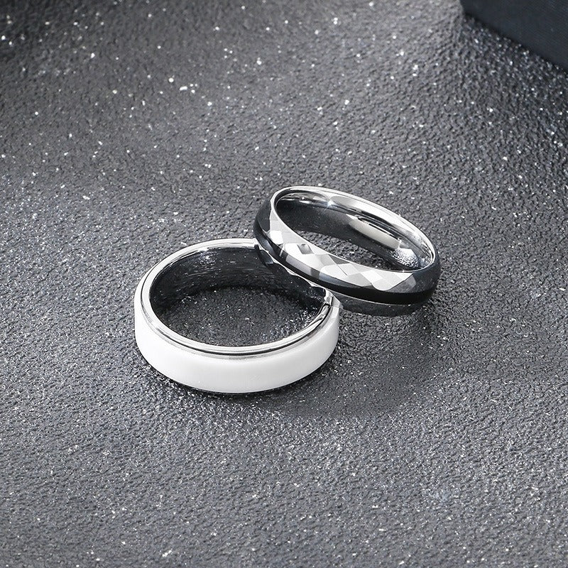 Kemstone Tungsten Steel Ring for Men & Women – Ceramic Inlay / Faceted Black Enamel Band 6mm 7mm KR114248-TS