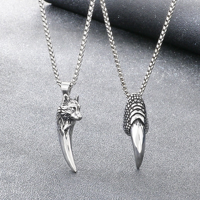 Kemstone Wolf Tooth Pendant Necklace Titanium Steel Eagle Claw Design for Men Silver 60cm KP117057-LU