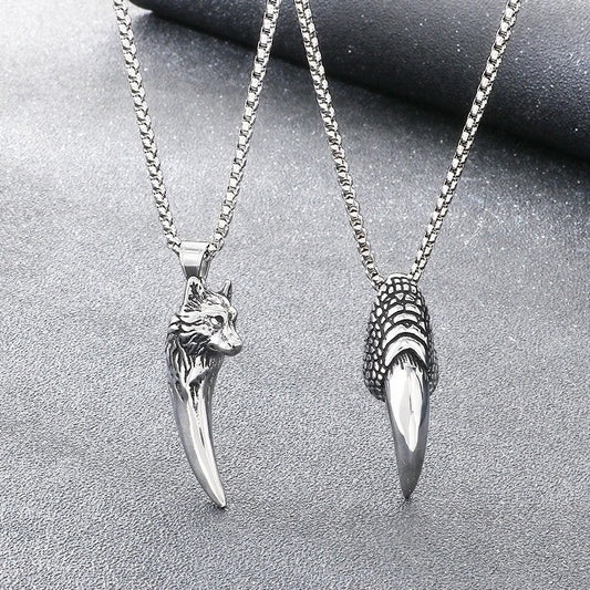 Kemstone Wolf Tooth Pendant Necklace Titanium Steel Eagle Claw Design for Men Silver 60cm KP117057-LU