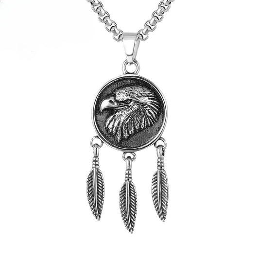 Kemstone Titanium Steel Eagle Feather Pendant Necklace for Men Vintage Round Medallion Silver P0276