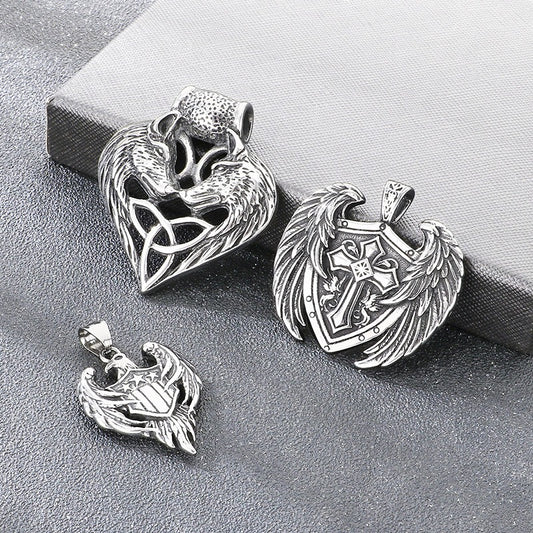 Kemstone Eagle Pendant Necklace Titanium Steel Shield Wing Cross Design for Men Silver KP117027-LU