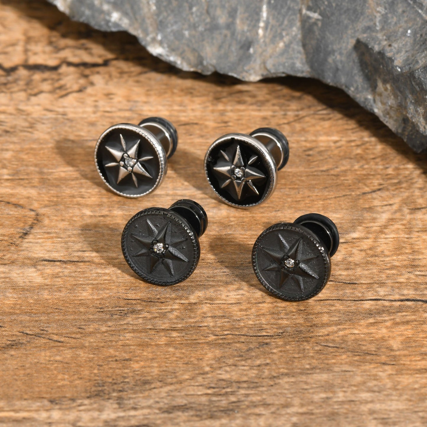 Kemstone Men’s Stainless Steel Eight-Point Star Stud Earrings – Black Vintage ES-555