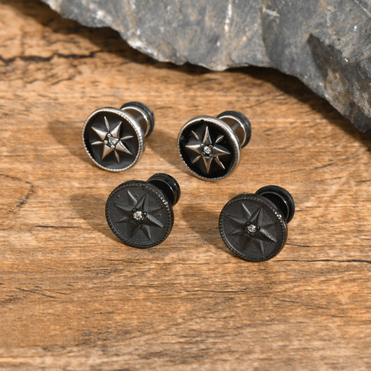 Kemstone Men’s Stainless Steel Eight-Point Star Stud Earrings – Black Vintage ES-555