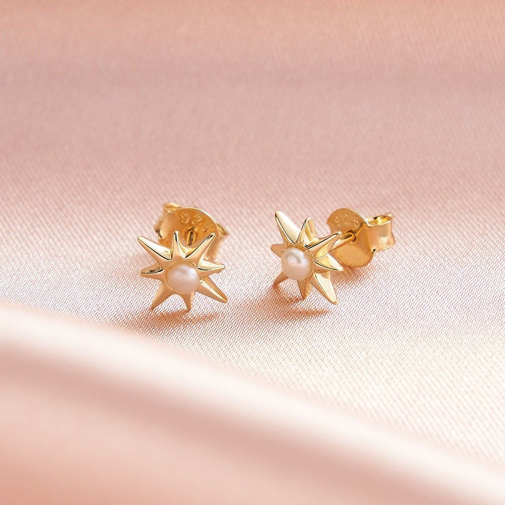 Kemstone 925 Sterling Silver Pearl Star Stud Earrings for Women Eight Point Gold GPE113