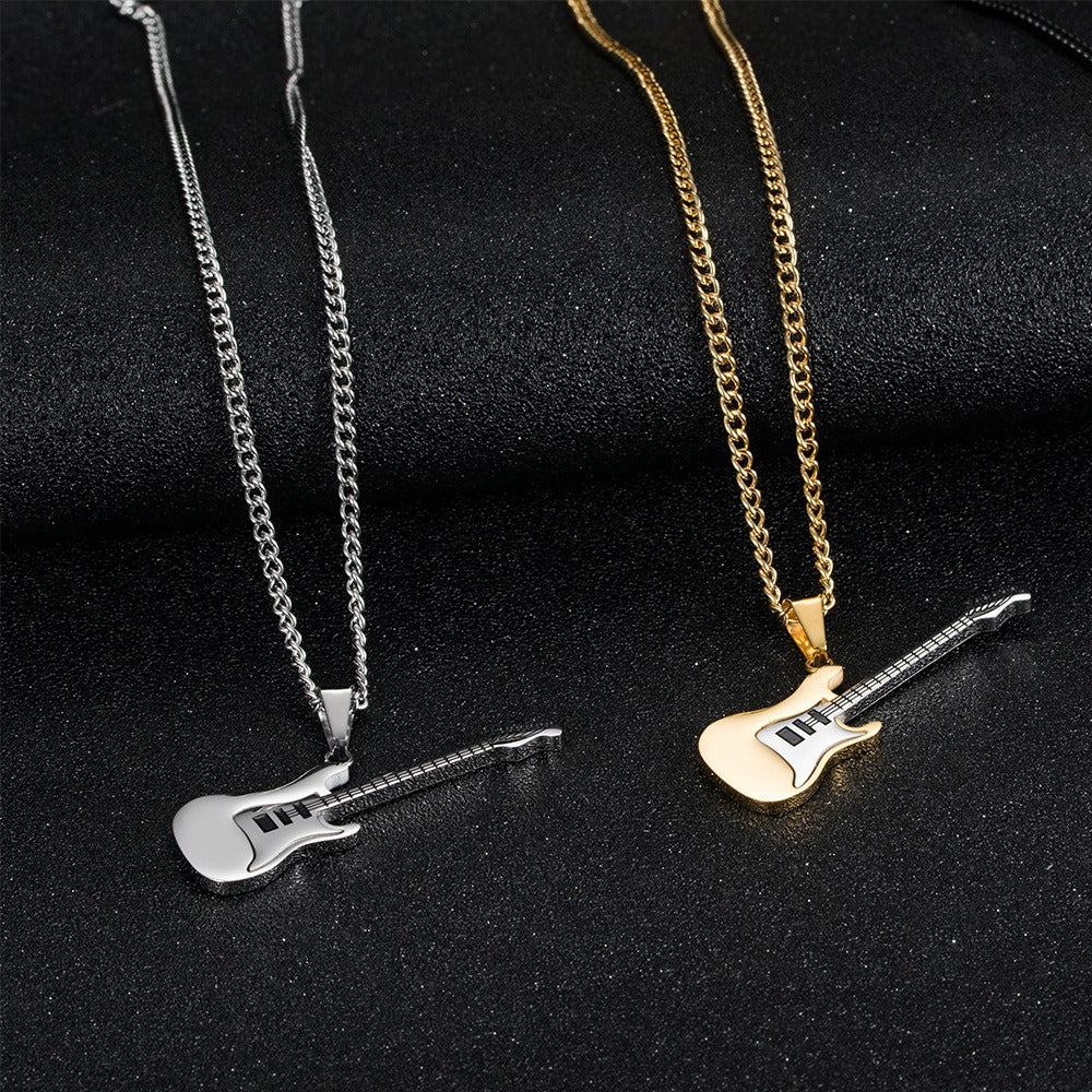 Kemstone Stainless Steel Electric Guitar Pendant Necklace for Men – 60cm Chain, Silver Gold Black K-PT147