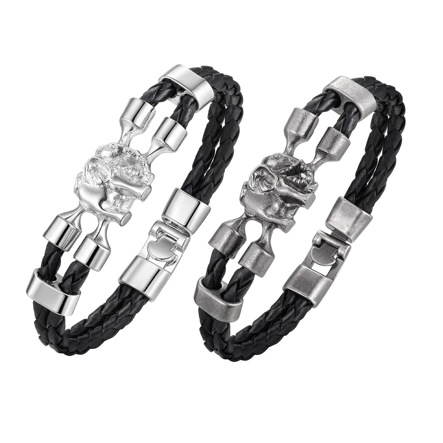 Kemstone Elephant Leather Bracelet Double Braided Black PU Cord with Alloy Clasp for Men BL-825