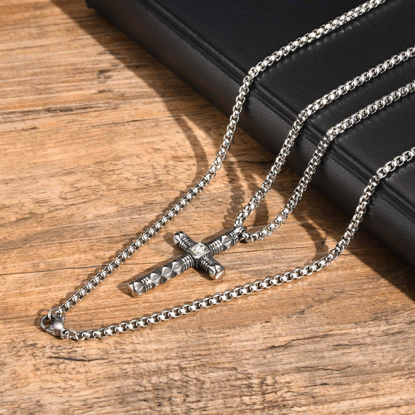 Kemstone Stainless Steel Cross Pendant Necklace – Cubic Zirconia Detail for Men PN2091