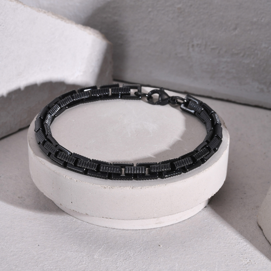 Kemstone Stainless Steel Embossed Chain Bracelet – Black Hip Hop Style for Men BR-2043