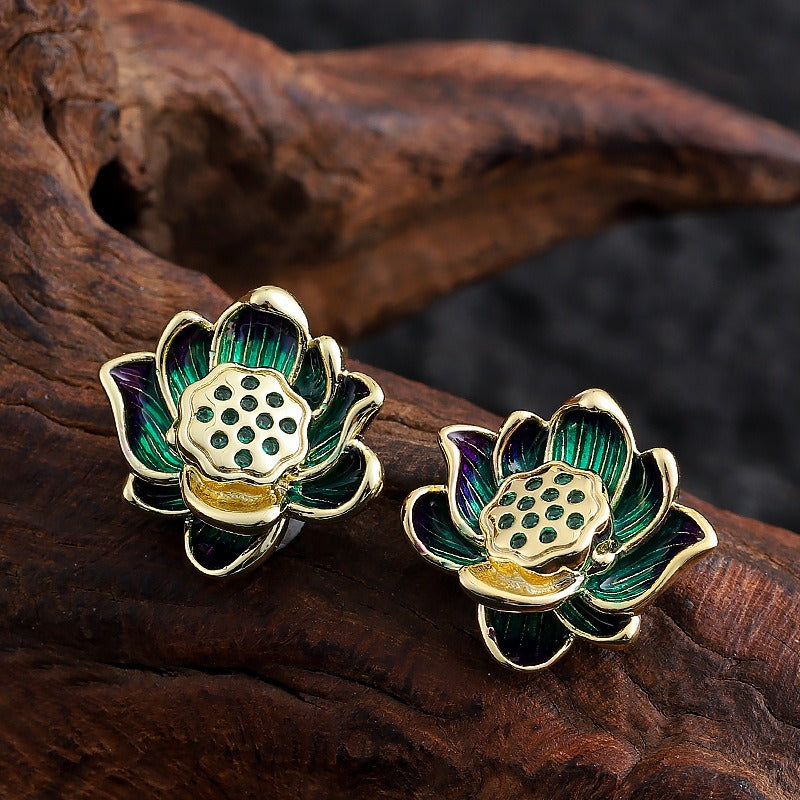 Kemstone Lotus Flower Stud Earrings for Women Enamel Floral Copper TD10865