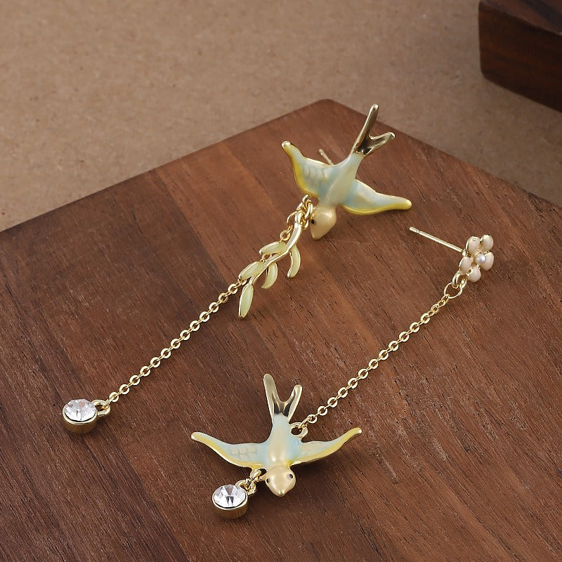 Kemstone Asymmetrical Swallow Drop Earrings for Women Floral Tassel D84993