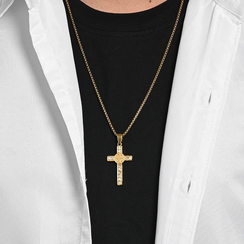 Kemstone Stainless Steel Cross Medallion Pendant Necklace for Men Silver Gold Black K-PT724