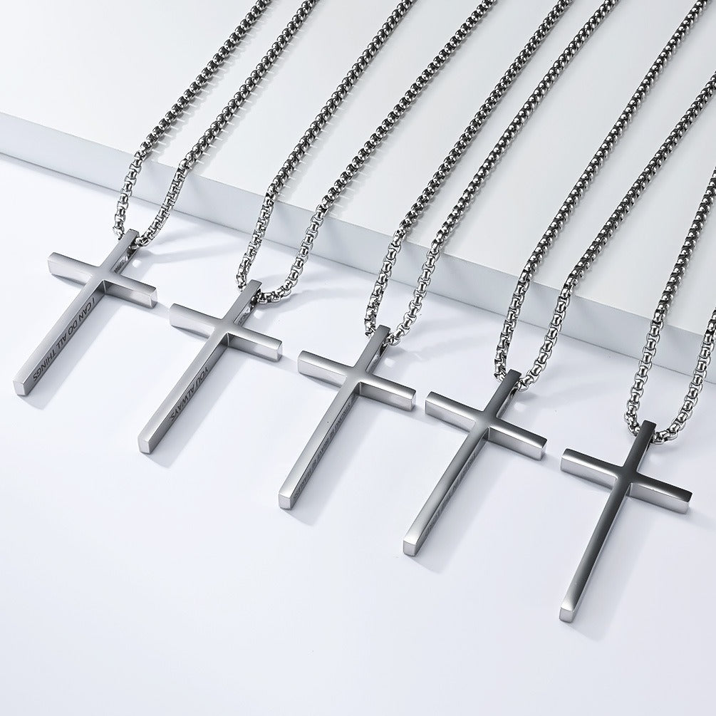Kemstone Stainless Steel Engraved Cross Pendant Necklace for Men Minimalist Bar Chain K-PT670