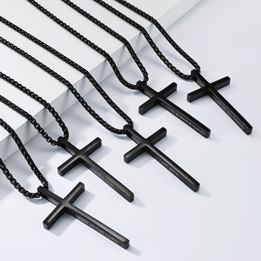 Kemstone Stainless Steel Engraved Cross Pendant Necklace for Men Minimalist Bar Chain K-PT670