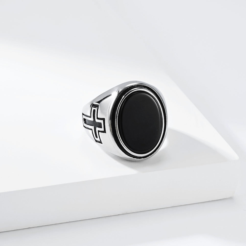 Kemston Oval Stone Signet Ring for Men Stainless Steel Engraved Cross K-R1202