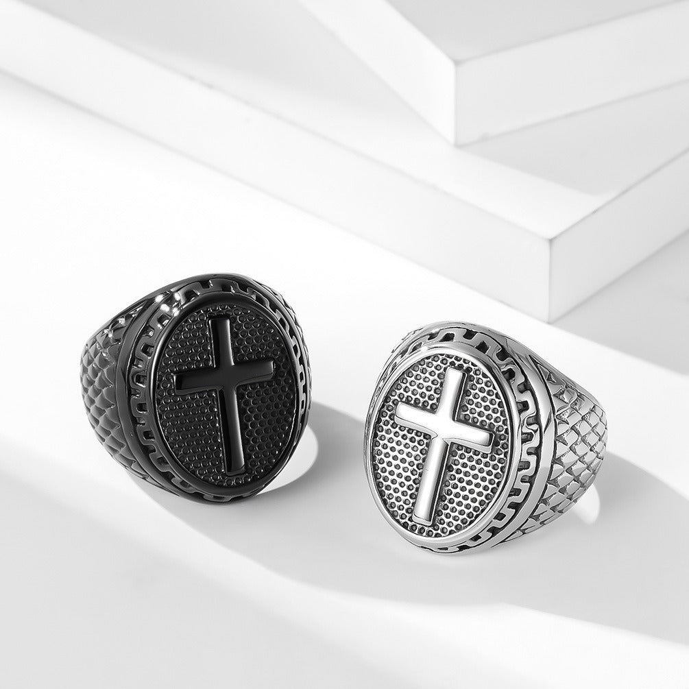 Kemstone Stainless Steel Cross Signet Ring – Engraved Vintage Surface K-R650