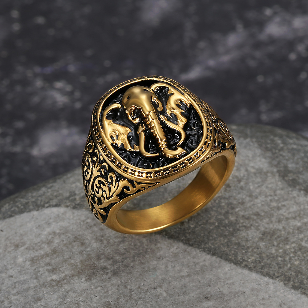 Kemstone Elephant Signet Ring for Men Stainless Steel Vintage Engraved TR0398
