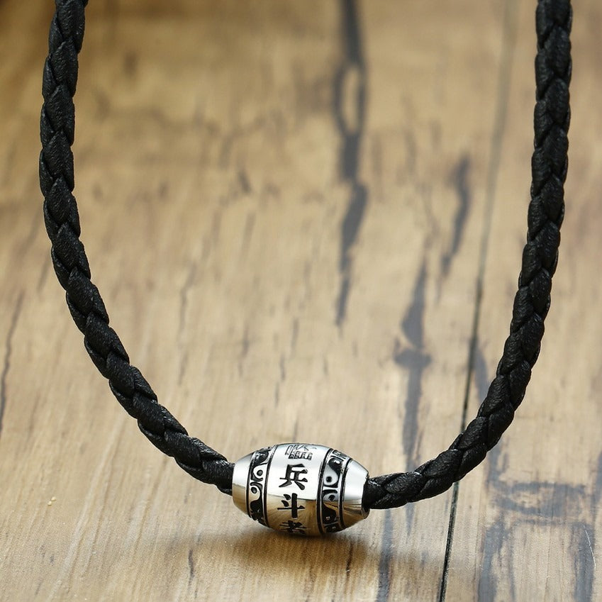 Kemstone Stainless Steel Cylinder Pendant Necklace for Men Engraved Silver Woven Cord PN-932