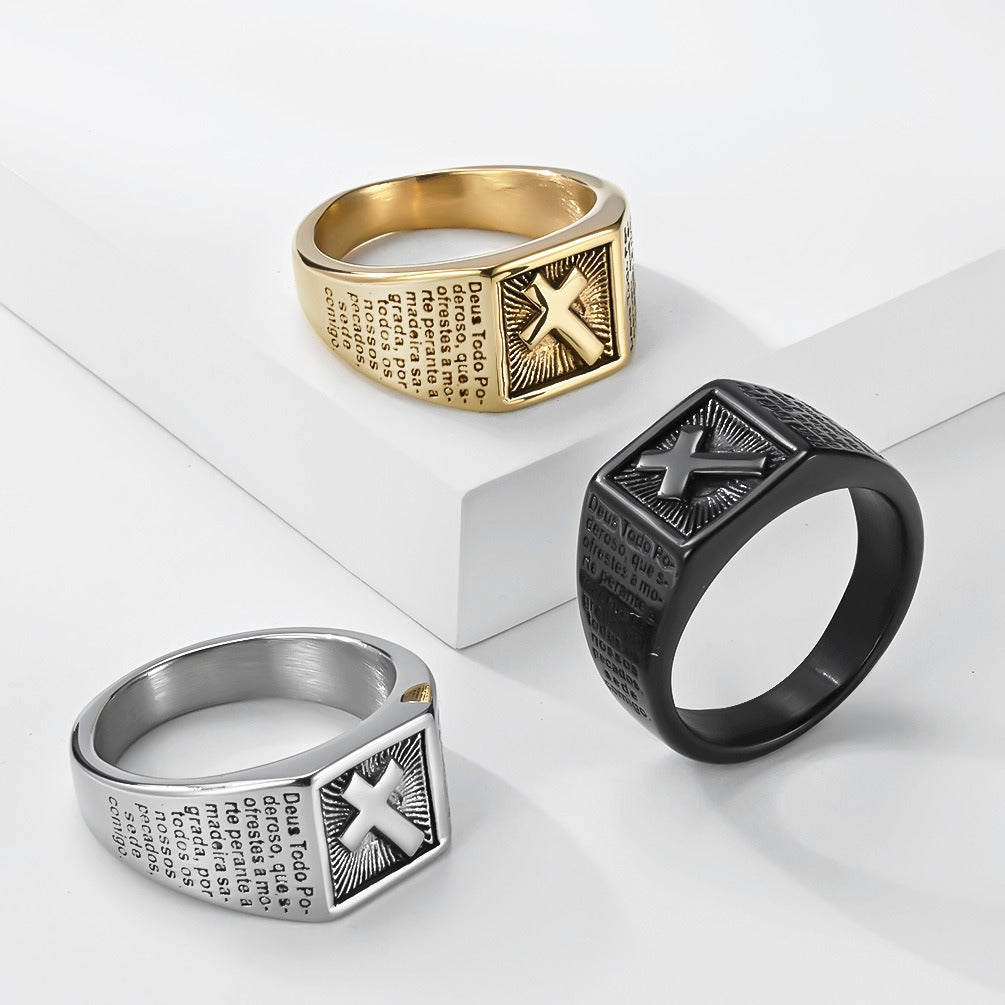 Kemstone Stainless Steel Cross Signet Ring for Men Engraved Text Vintage Rectangular Silver Gold Black K-R1141