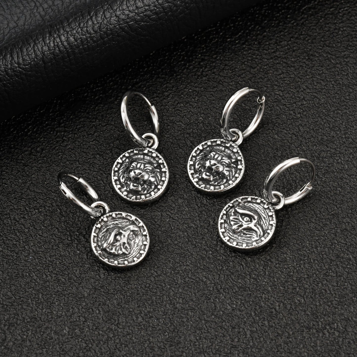Kemstone Stainless Steel Tiger Coin Dangle Hoop Earring for Men Vintage ED-1085