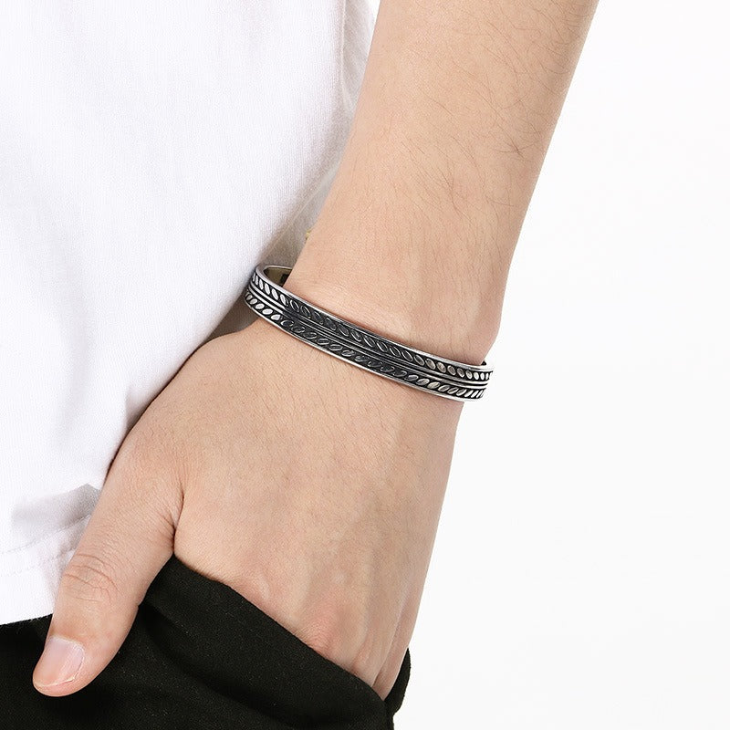 Kemstone Titanium Steel Leaf Braided Cuff Bracelet Vintage Open Style for Men KB209293-LU