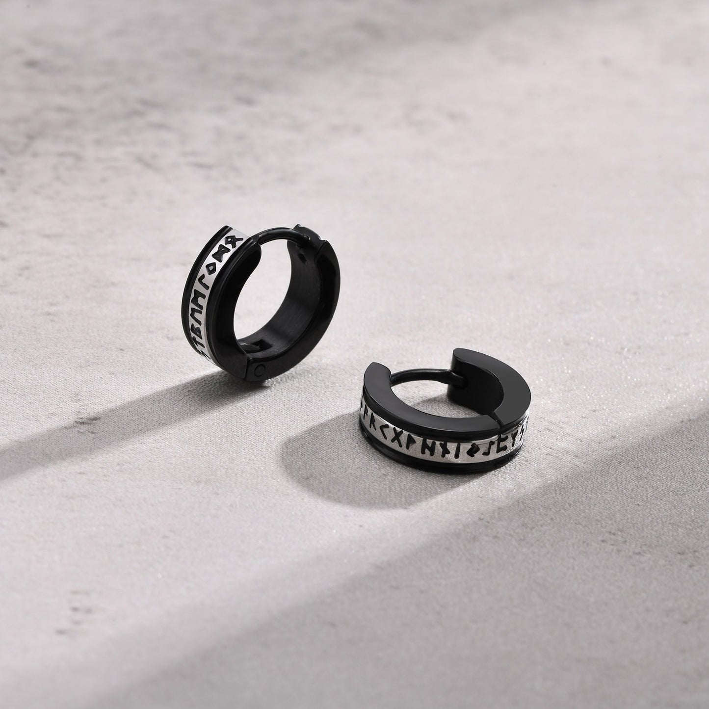 Kemstone Stainless Steel Viking Rune Hoop Earrings – Black IP Engraved Huggie for Men EH-536SB