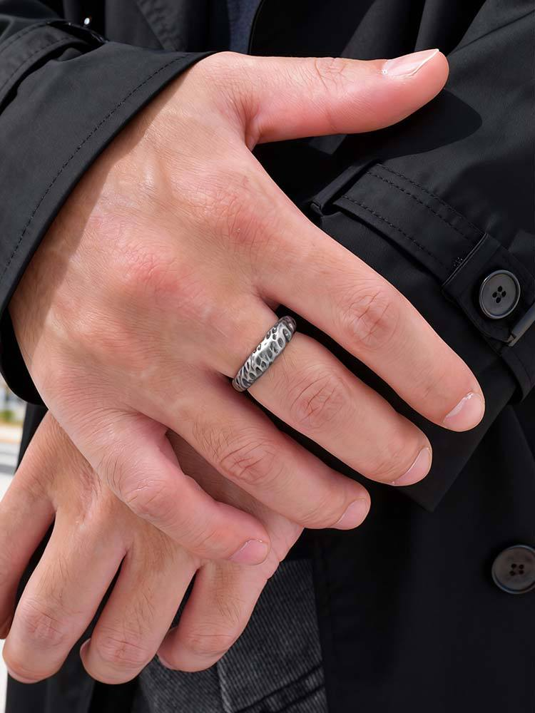 Kemstone Textured Stainless Steel Ring Irregular Surface Minimalist Vintage Silver for Men Women RC-965GR