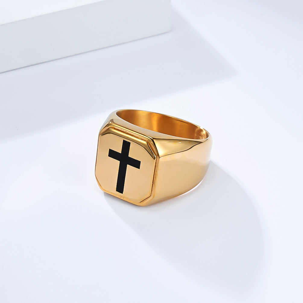 Kemstone Men’s Stainless Steel Cross Ring – Square Face Minimalist Band K-R1050