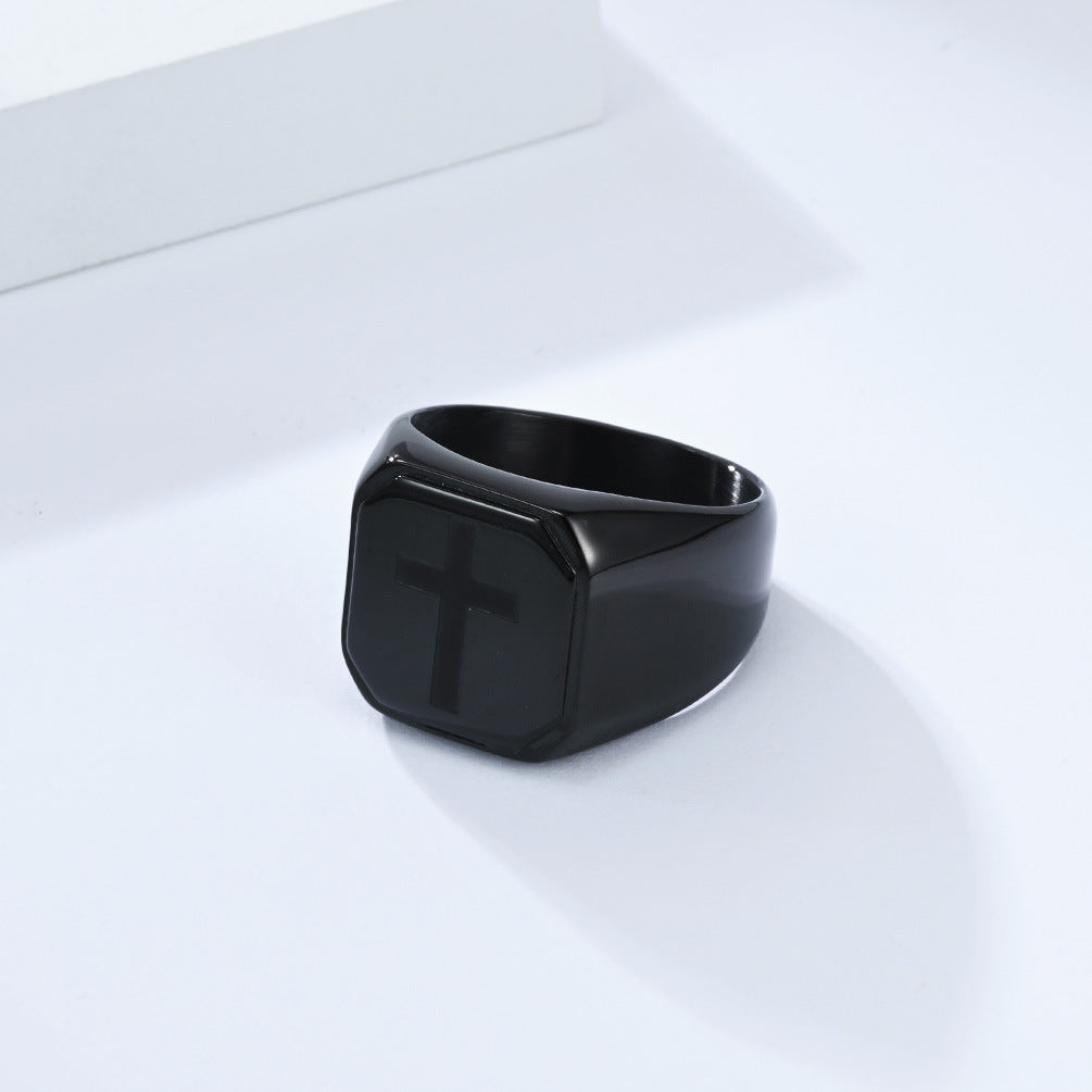 Kemstone Men’s Stainless Steel Cross Ring – Square Face Minimalist Band K-R1050