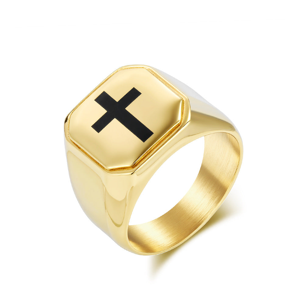 Kemstone Men’s Stainless Steel Cross Ring – Square Face Minimalist Band K-R1050