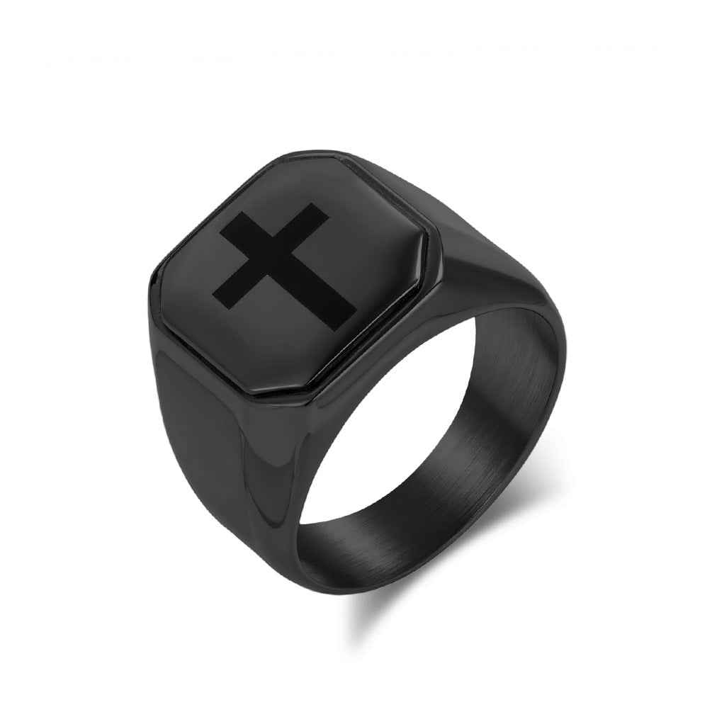 Kemstone Men’s Stainless Steel Cross Ring – Square Face Minimalist Band K-R1050