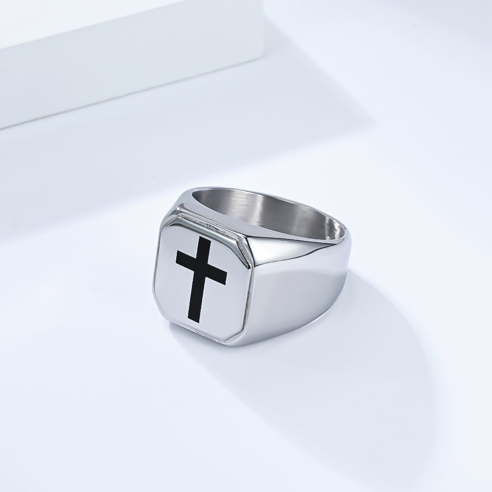 Kemstone Men’s Stainless Steel Cross Ring – Square Face Minimalist Band K-R1050