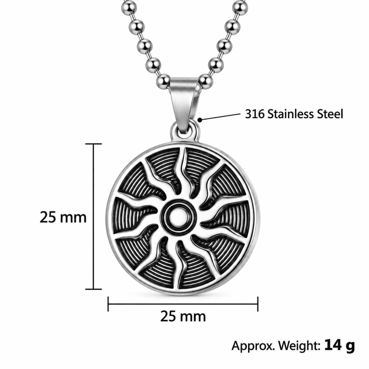 Kemston Stainless Steel Sun Pendant Necklace for Men Flame Rays TN0182