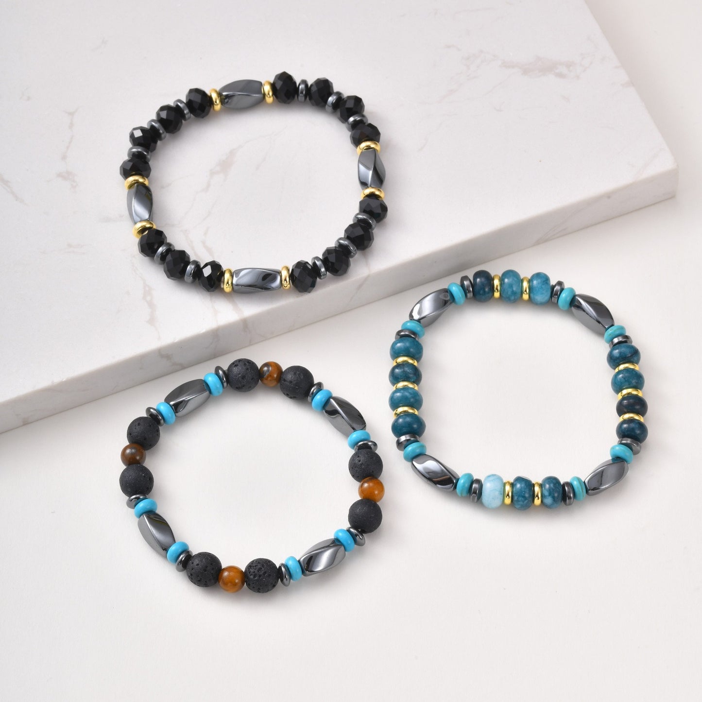 Kemstone Mixed Black Beaded Bracelet for Men Stainless Steel Spacer Stretch Chain BR-3143