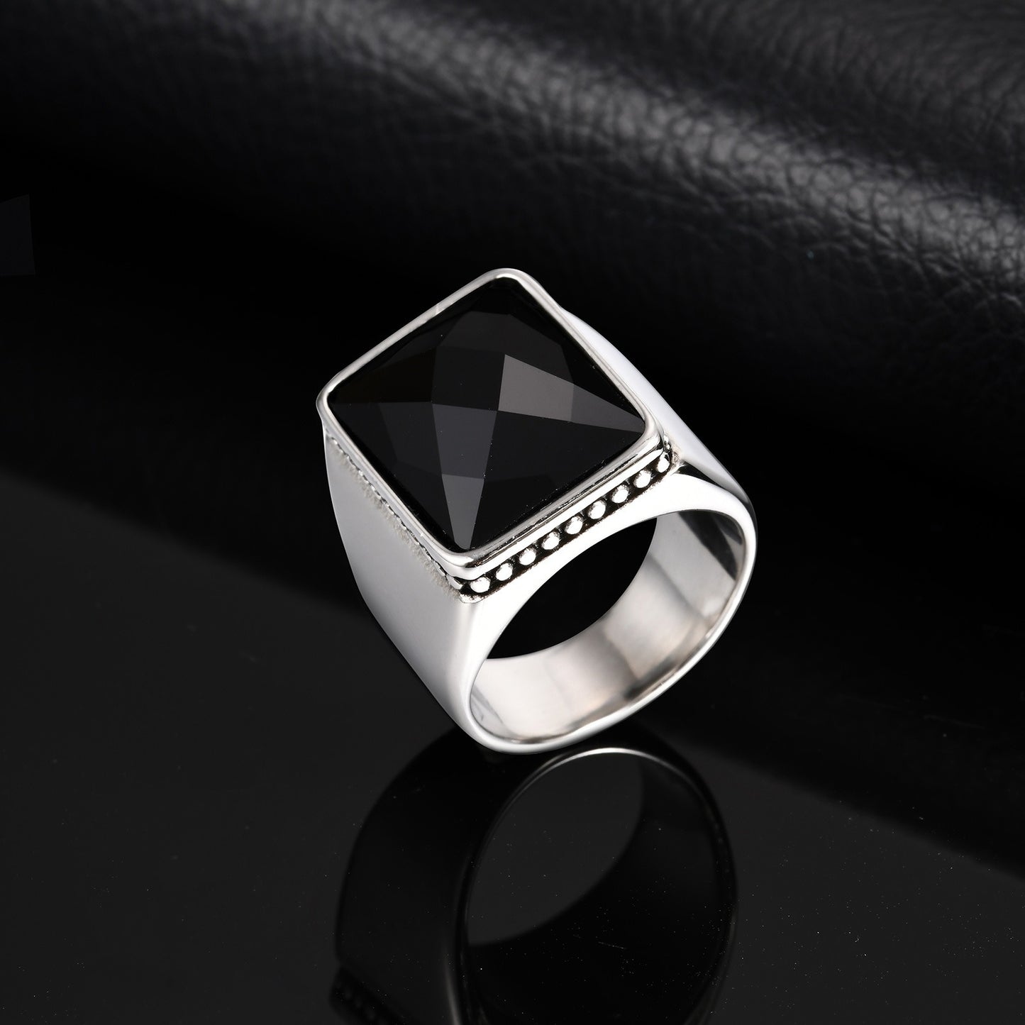 Kemstone Men’s Stainless Steel Ring – Faceted Black Glass Square Signet RC-923