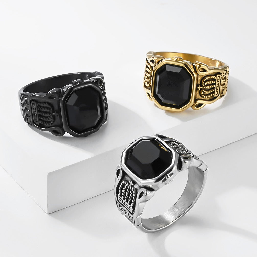 Kemstone Black Stone Signet Ring for Men Stainless Steel Crown Detail Vintage Silver Gold K-R1144