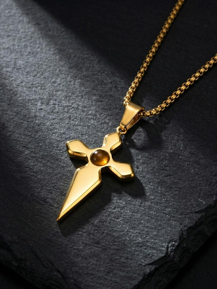 Kemstone Stainless Steel Tiger Eye Cross Pendant Necklace for Men PN-2287