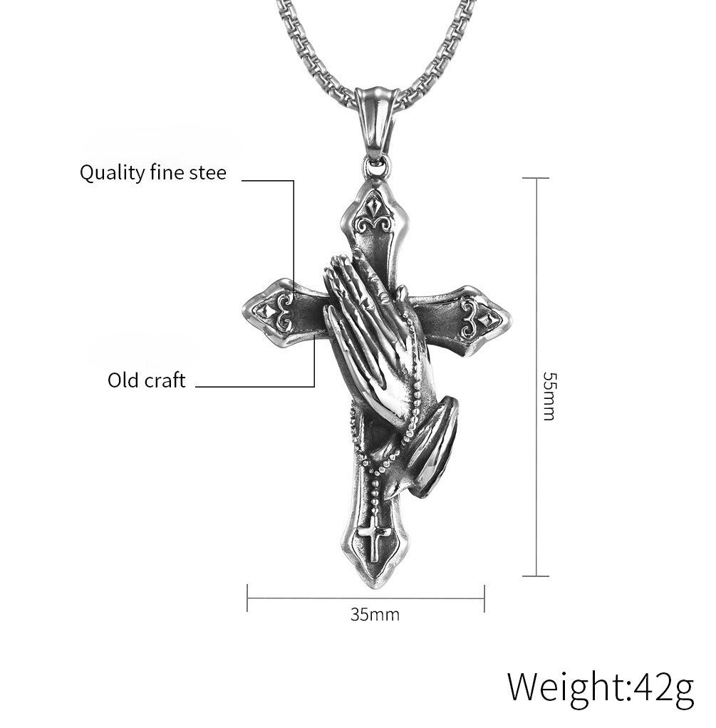 Kemstone Praying Hands Cross Pendant Necklace for Men Stainless Steel Vintage K-PT254