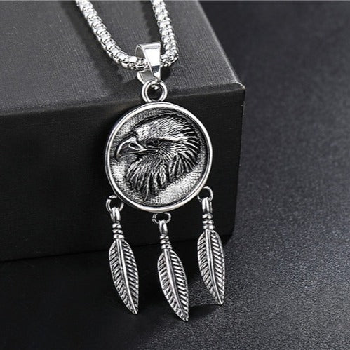 Kemstone Titanium Steel Eagle Feather Pendant Necklace for Men Vintage Round Medallion Silver P0276