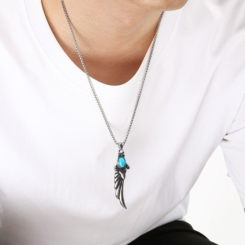 Kemstone Turquoise Pendant Necklace Titanium Steel Feather Eye Symbol Design for Men KP117748-LU