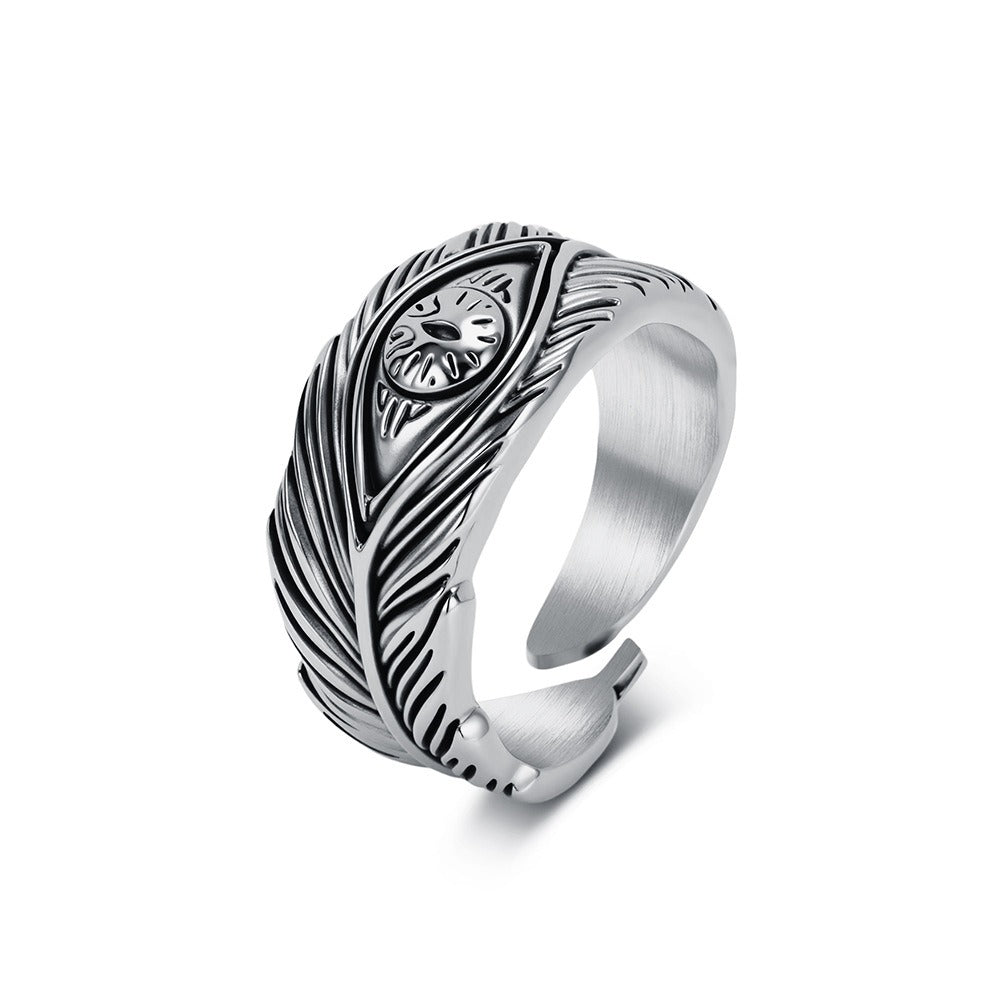 Kemstone Feather Ring for Men Titanium Steel Adjustable Open Band KR1155
