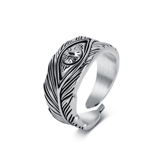 Kemstone Feather Ring for Men Titanium Steel Adjustable Open Band KR1155