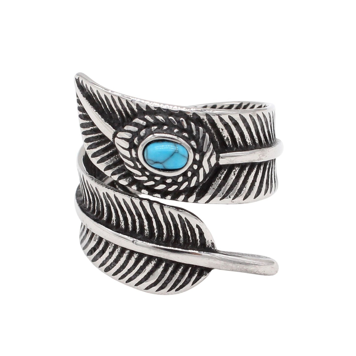 Kemstone Titanium Steel Feather Turquoise Ring – Vintage Tribal Style for Men R1922